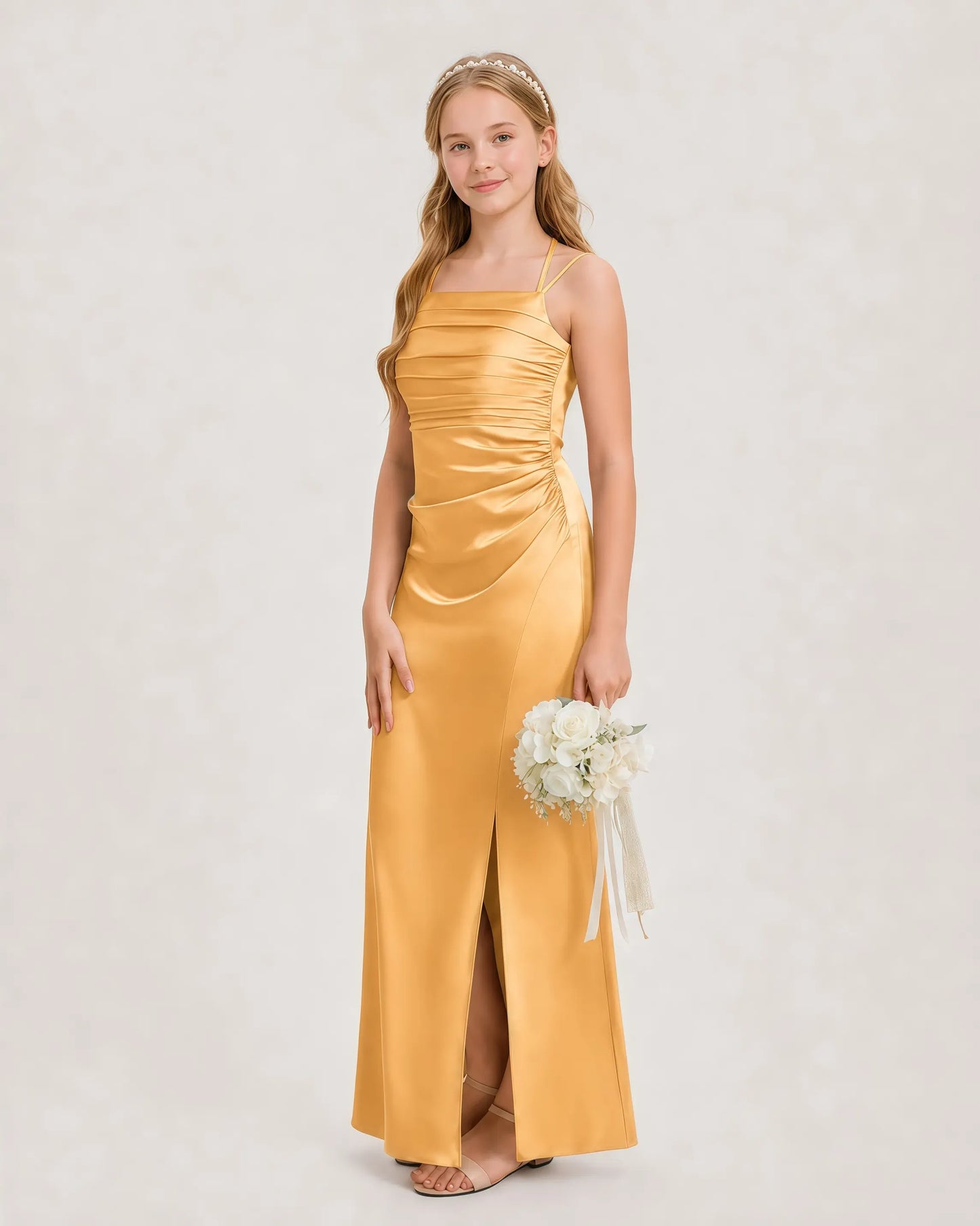 Dideyttawl Ruched Satin Halter Neck Junior Bridesmaid Dress with Side Slit