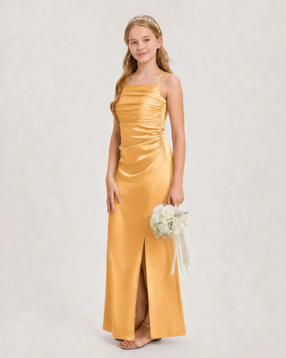 Dideyttawl Ruched Satin Halter Neck Junior Bridesmaid Dress with Side Slit