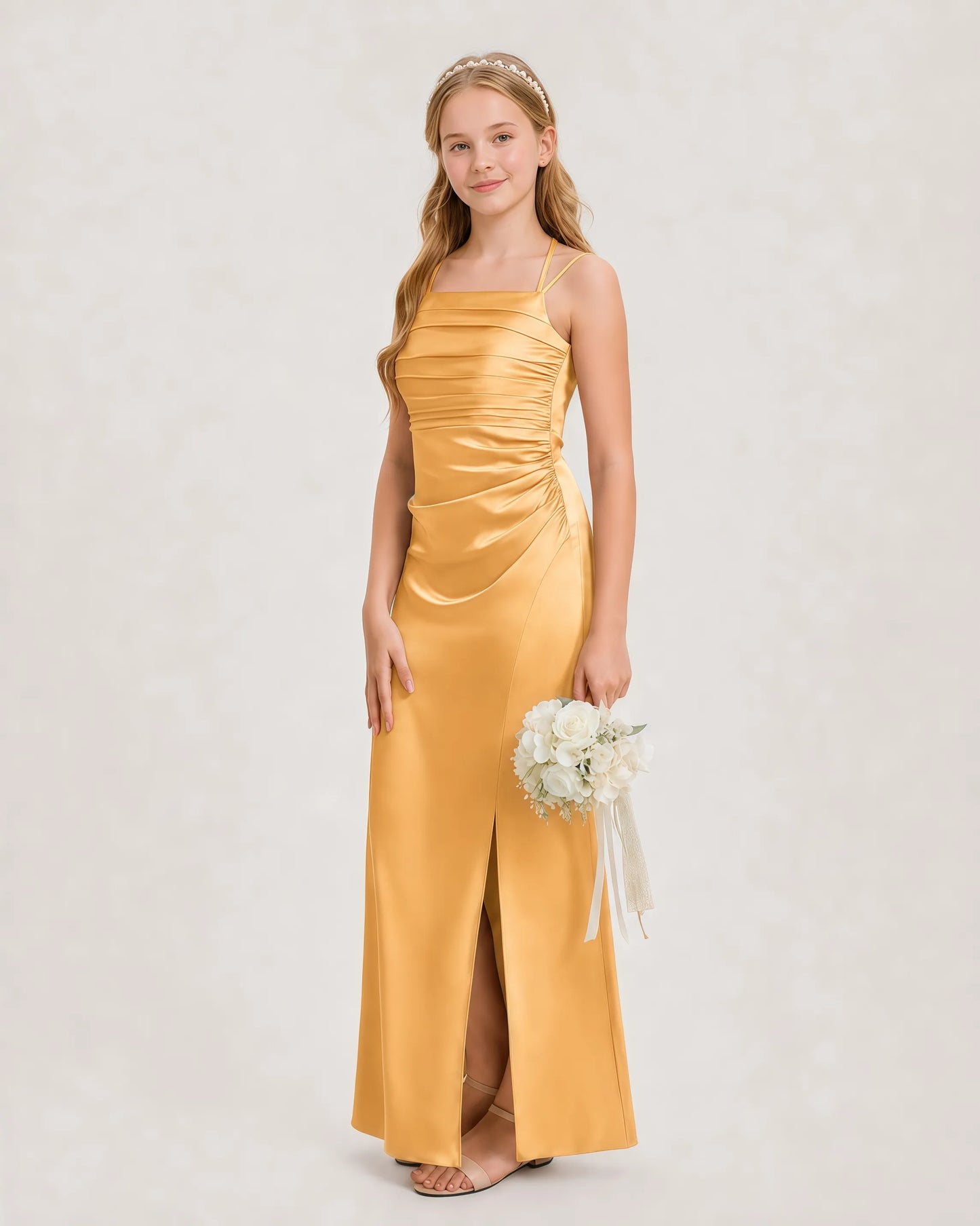 Dideyttawl Halter Neck Ruched Satin Junior Bridesmaid Dress