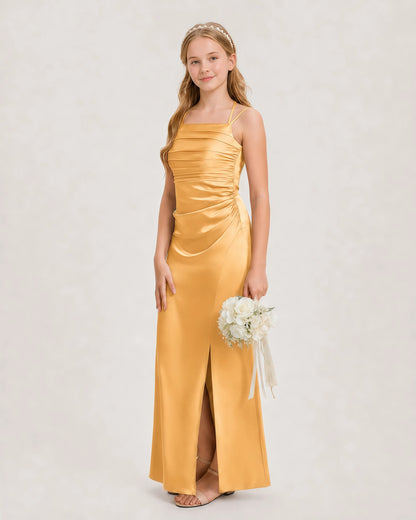 Dideyttawl Halter Neck Ruched Satin Junior Bridesmaid Dress