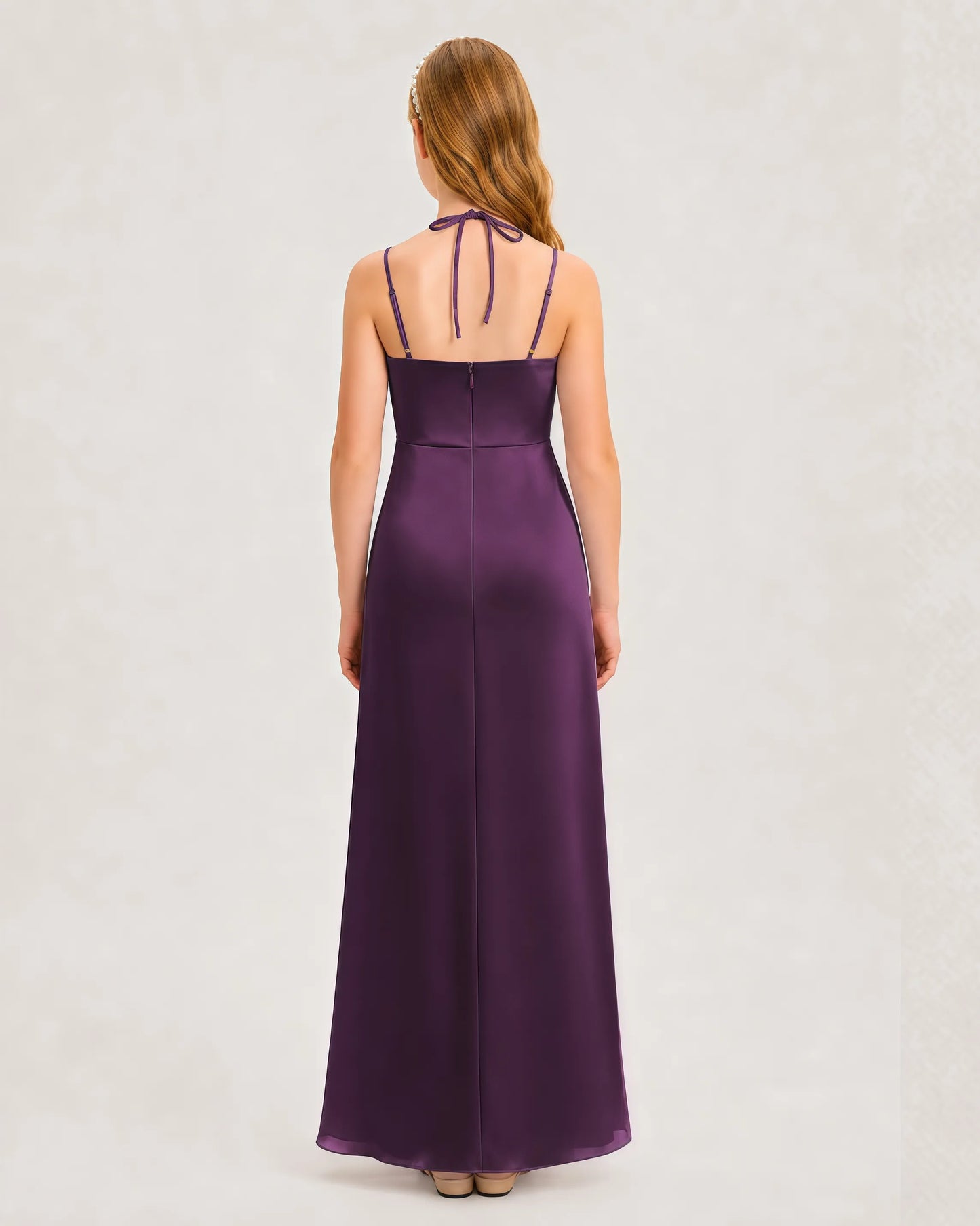 Dideyttawl Halter Neck Ruched Satin Junior Bridesmaid Dress