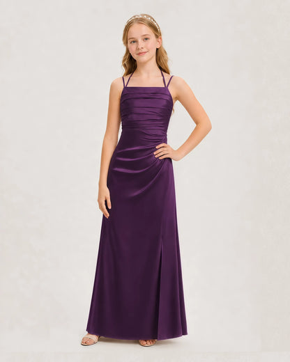Dideyttawl Ruched Satin Halter Neck Junior Bridesmaid Dress with Side Slit