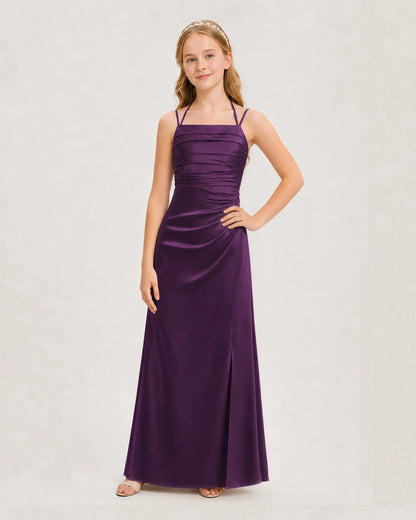 Dideyttawl Halter Neck Ruched Satin Junior Bridesmaid Dress
