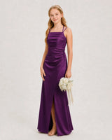Grape satin ruched slit junior bridesmaid dresses Side View
