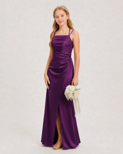 Dideyttawl Halter Neck Ruched Satin Junior Bridesmaid Dress