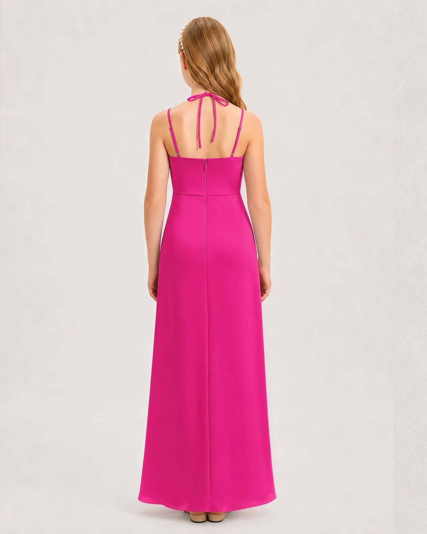 Dideyttawl Halter Neck Ruched Satin Junior Bridesmaid Dress