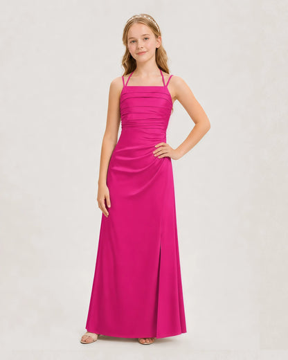 Dideyttawl Ruched Satin Halter Neck Junior Bridesmaid Dress with Side Slit