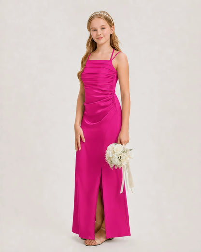 Dideyttawl Halter Neck Ruched Satin Junior Bridesmaid Dress