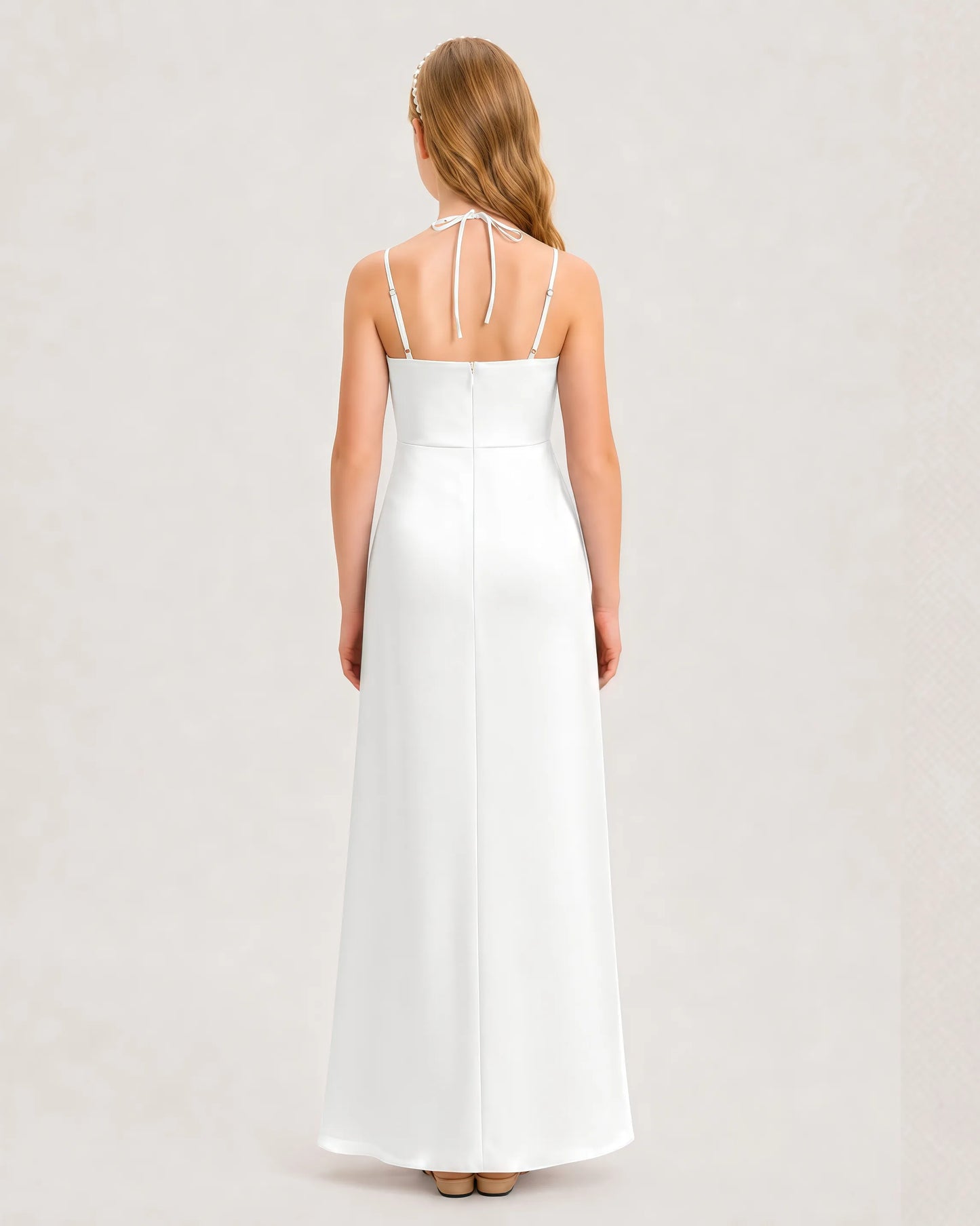 Dideyttawl Halter Neck Ruched Satin Junior Bridesmaid Dress