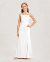 Ivory Satin Ruched Halter Junior Bridesmaid Dresses Front View