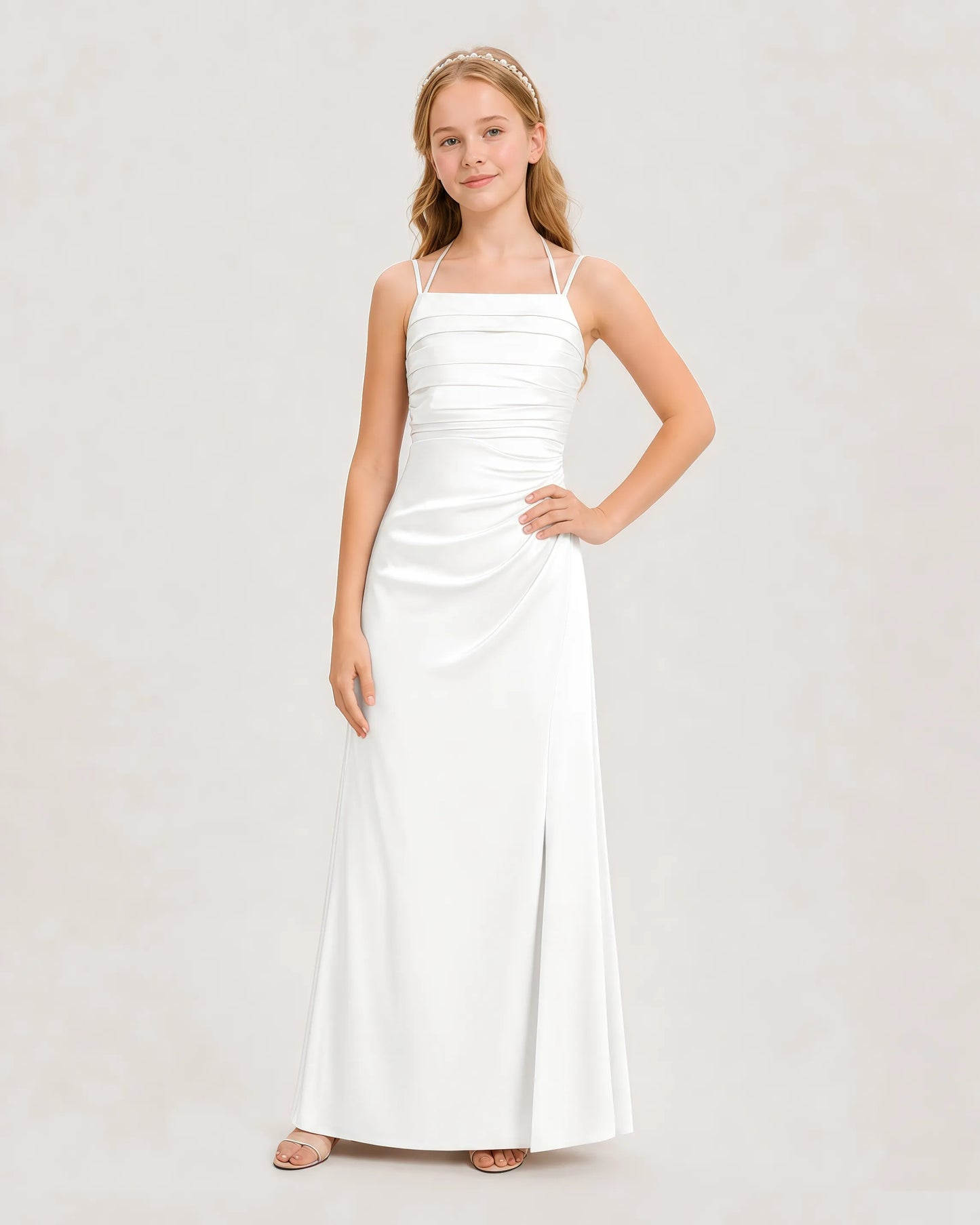 Dideyttawl Halter Neck Ruched Satin Junior Bridesmaid Dress
