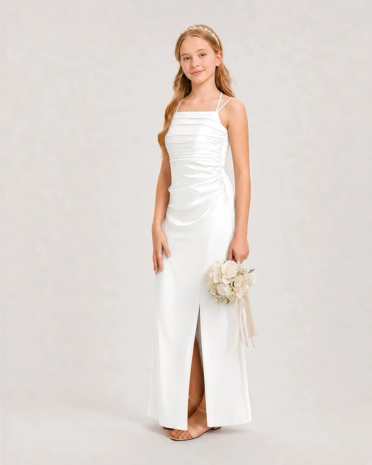 Dideyttawl Ruched Satin Halter Neck Junior Bridesmaid Dress with Side Slit