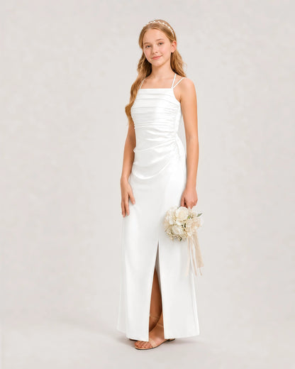 Dideyttawl Halter Neck Ruched Satin Junior Bridesmaid Dress