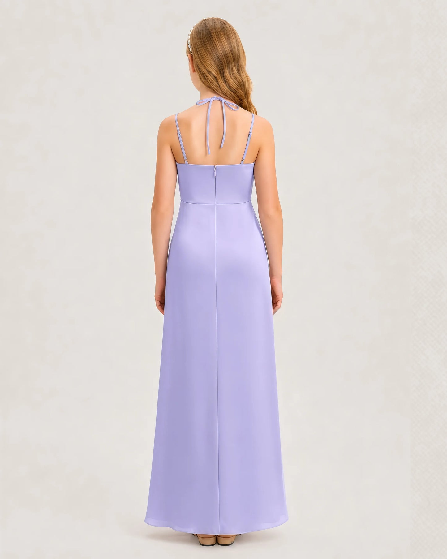 Dideyttawl Halter Neck Ruched Satin Junior Bridesmaid Dress