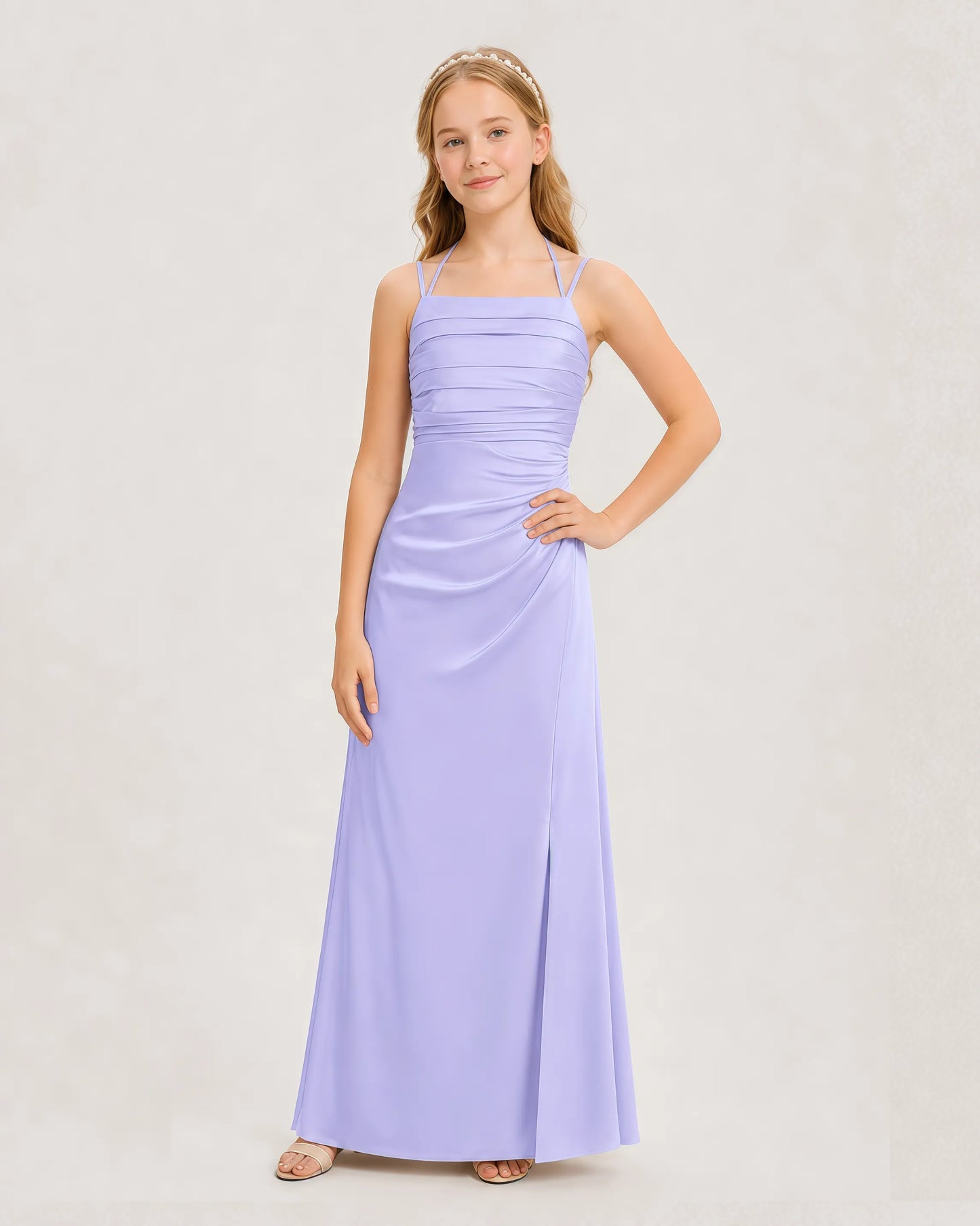 Dideyttawl Halter Neck Ruched Satin Junior Bridesmaid Dress