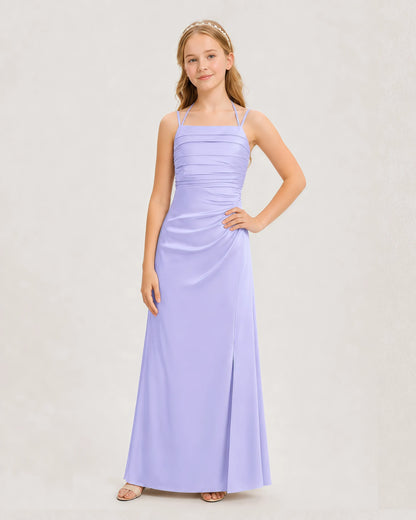 Dideyttawl Halter Neck Ruched Satin Junior Bridesmaid Dress