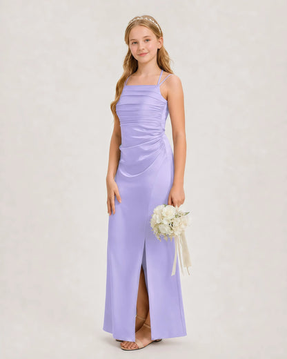 Dideyttawl Ruched Satin Halter Neck Junior Bridesmaid Dress with Side Slit