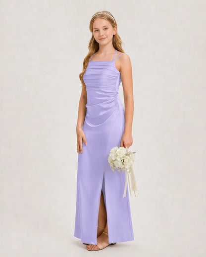 Dideyttawl Halter Neck Ruched Satin Junior Bridesmaid Dress