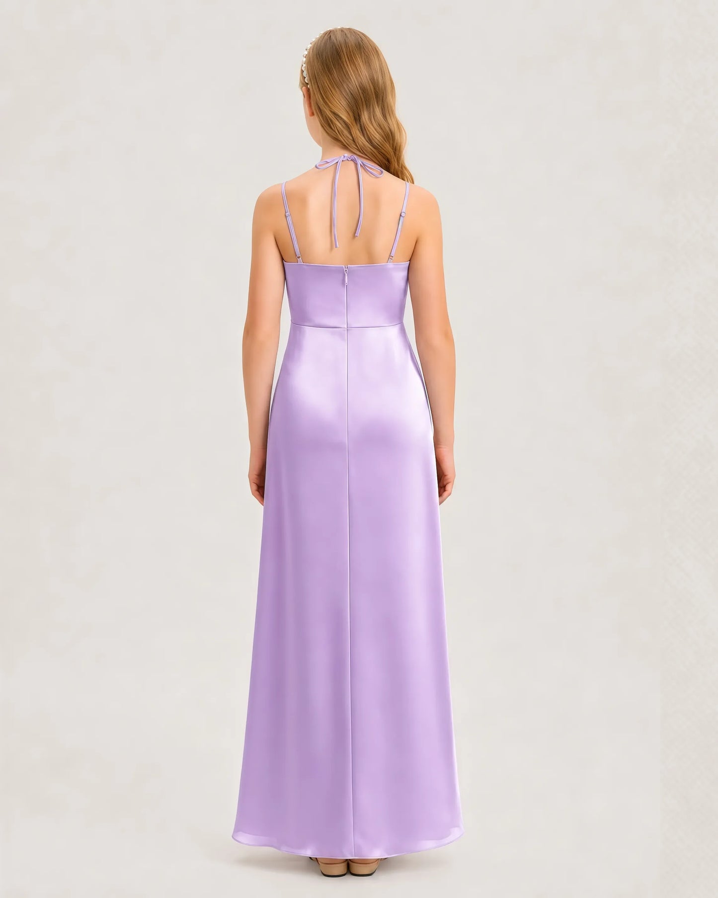 Dideyttawl Ruched Satin Halter Neck Junior Bridesmaid Dress with Side Slit