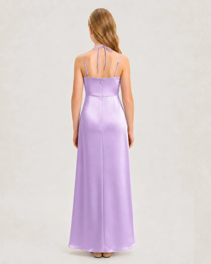 Dideyttawl Ruched Satin Halter Neck Junior Bridesmaid Dress with Side Slit