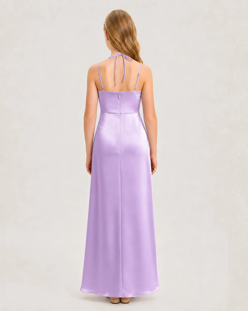 Lilac Satin Halter Junior Bridesmaid Dresses Back View