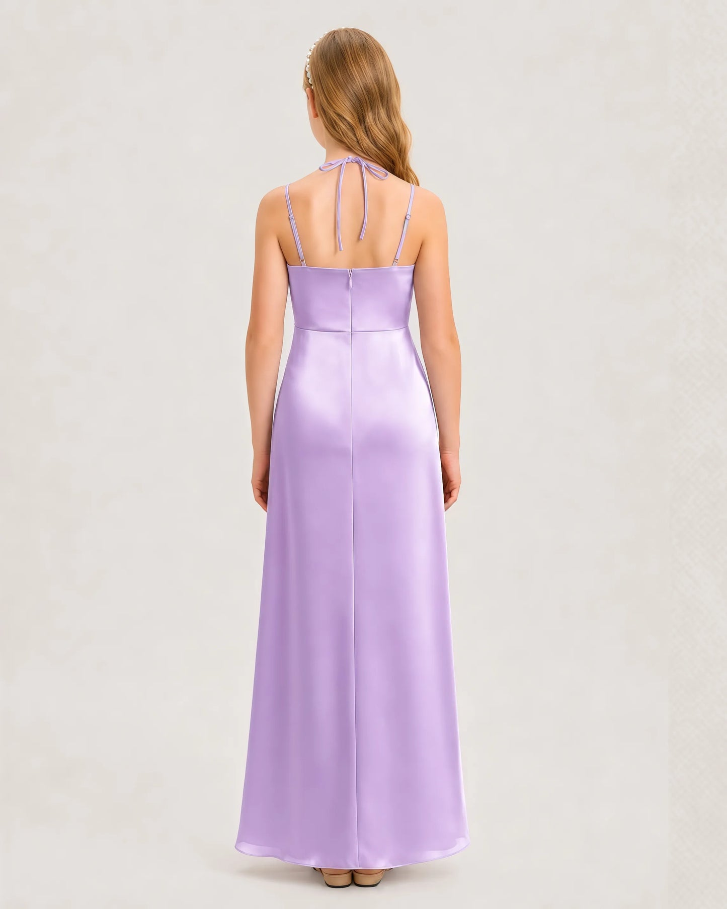Dideyttawl Halter Neck Ruched Satin Junior Bridesmaid Dress