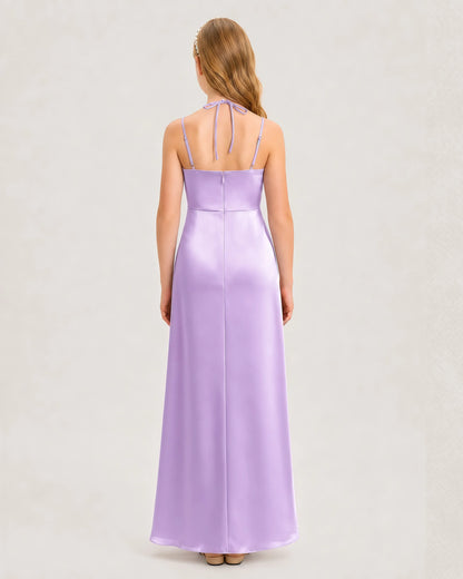 Dideyttawl Halter Neck Ruched Satin Junior Bridesmaid Dress