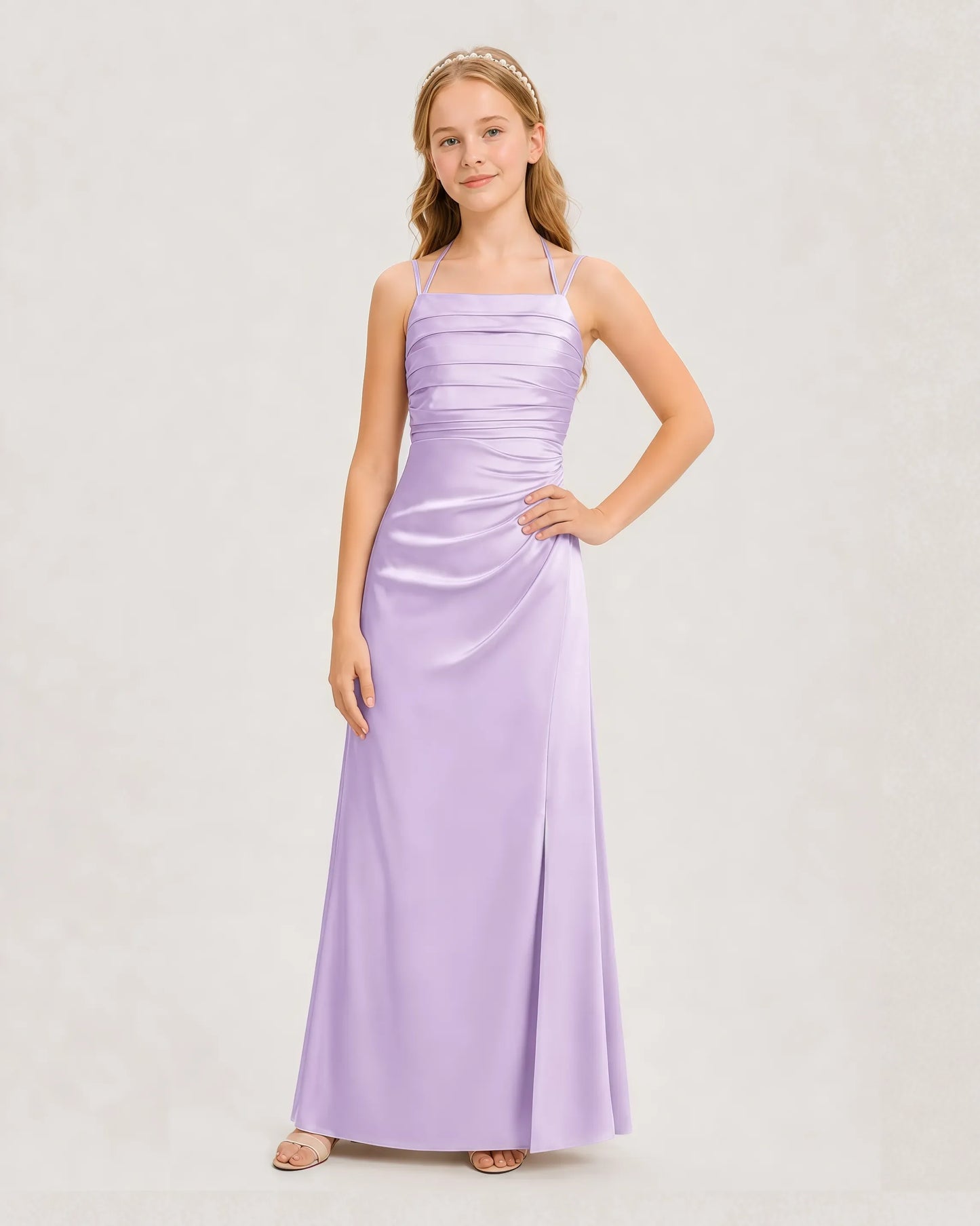 Dideyttawl Ruched Satin Halter Neck Junior Bridesmaid Dress with Side Slit
