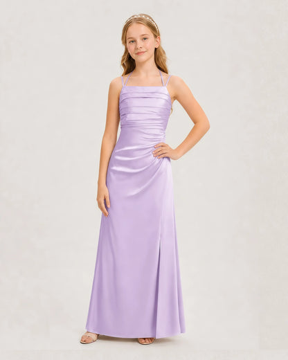 Dideyttawl Ruched Satin Halter Neck Junior Bridesmaid Dress with Side Slit