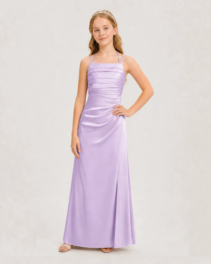 Dideyttawl Halter Neck Ruched Satin Junior Bridesmaid Dress