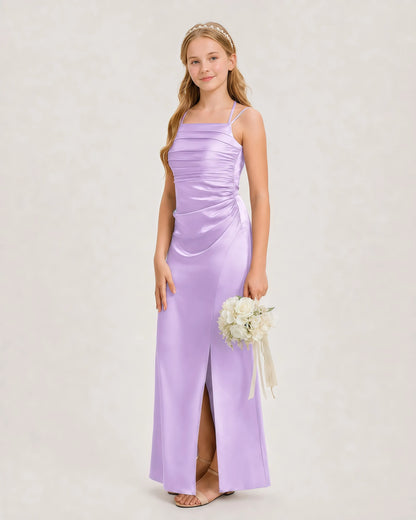 Dideyttawl Halter Neck Ruched Satin Junior Bridesmaid Dress