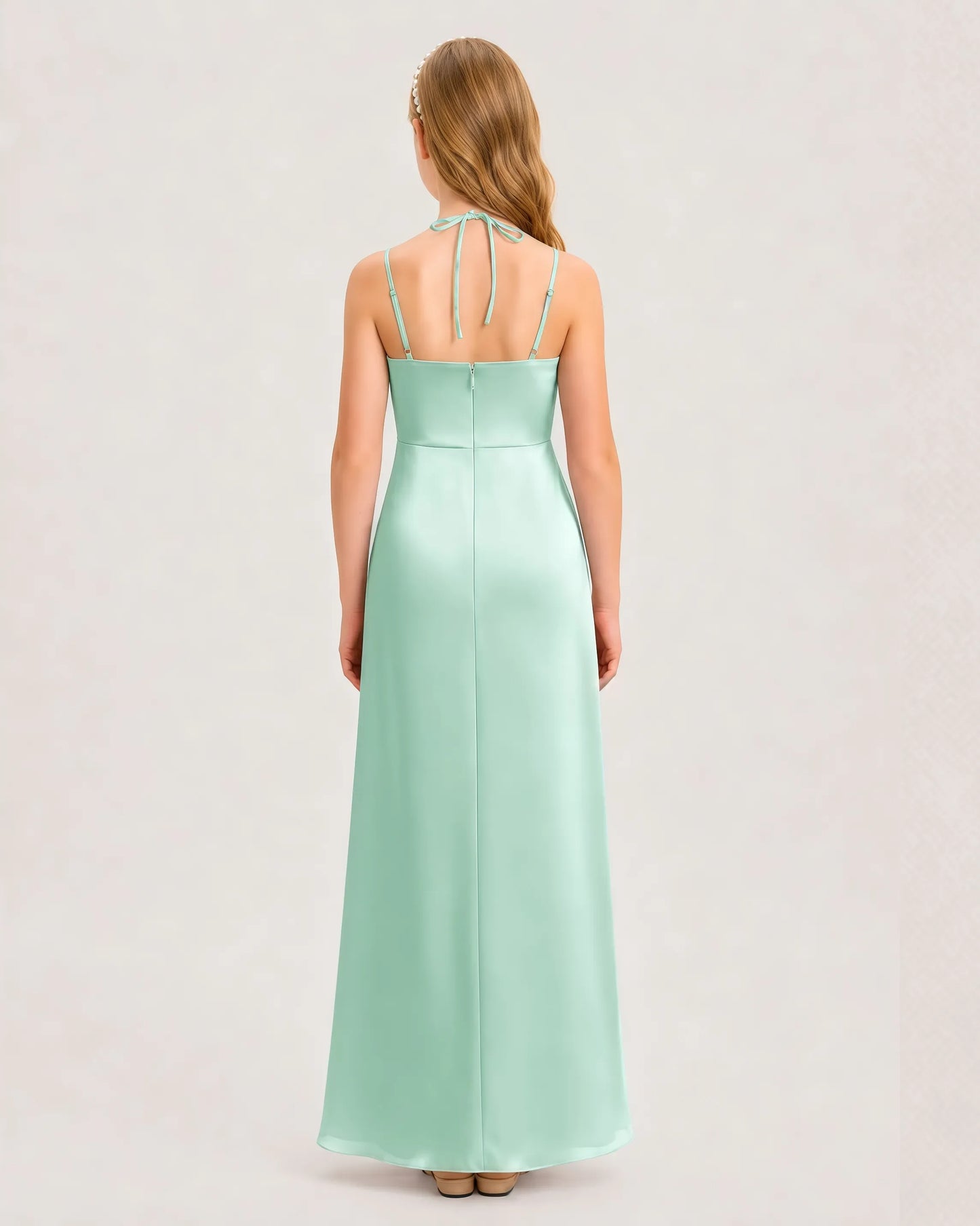 Dideyttawl Ruched Satin Halter Neck Junior Bridesmaid Dress with Side Slit