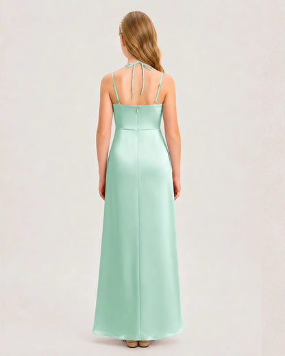 Dideyttawl Ruched Satin Halter Neck Junior Bridesmaid Dress with Side Slit