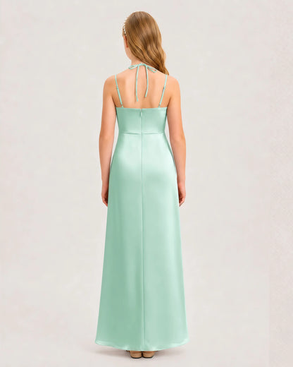 Dideyttawl Halter Neck Ruched Satin Junior Bridesmaid Dress