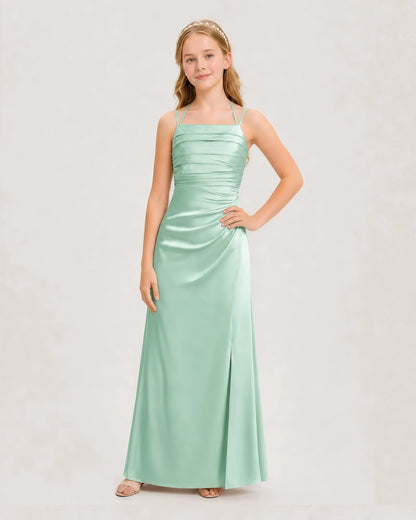 Dideyttawl Ruched Satin Halter Neck Junior Bridesmaid Dress with Side Slit