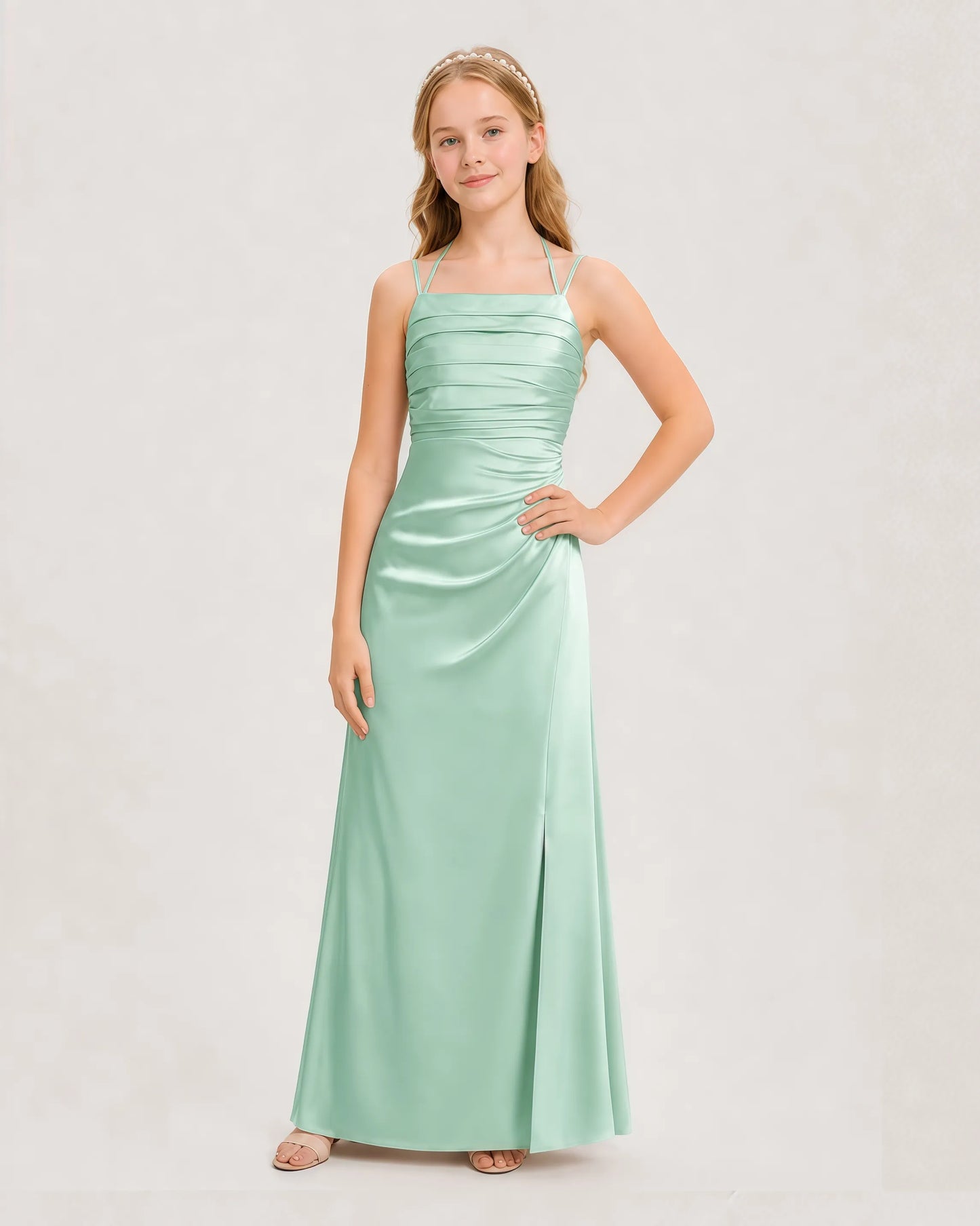 Dideyttawl Halter Neck Ruched Satin Junior Bridesmaid Dress