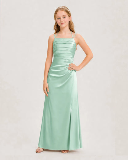Dideyttawl Halter Neck Ruched Satin Junior Bridesmaid Dress