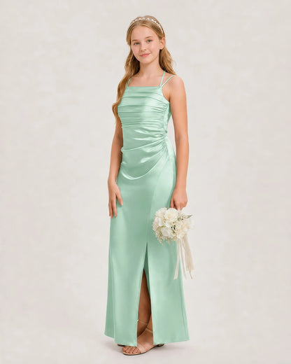 Dideyttawl Ruched Satin Halter Neck Junior Bridesmaid Dress with Side Slit