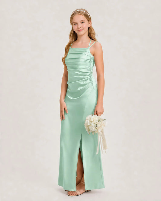 Mint Green Satin Ruched Junior Bridesmaid Dresses Side View