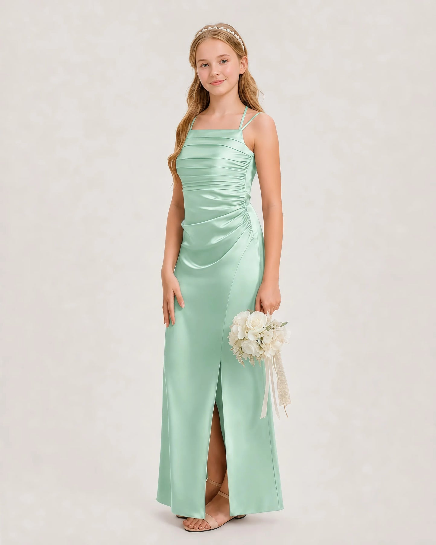 Dideyttawl Halter Neck Ruched Satin Junior Bridesmaid Dress