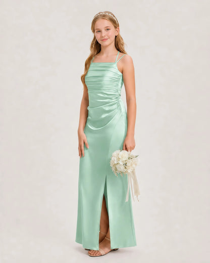Dideyttawl Halter Neck Ruched Satin Junior Bridesmaid Dress
