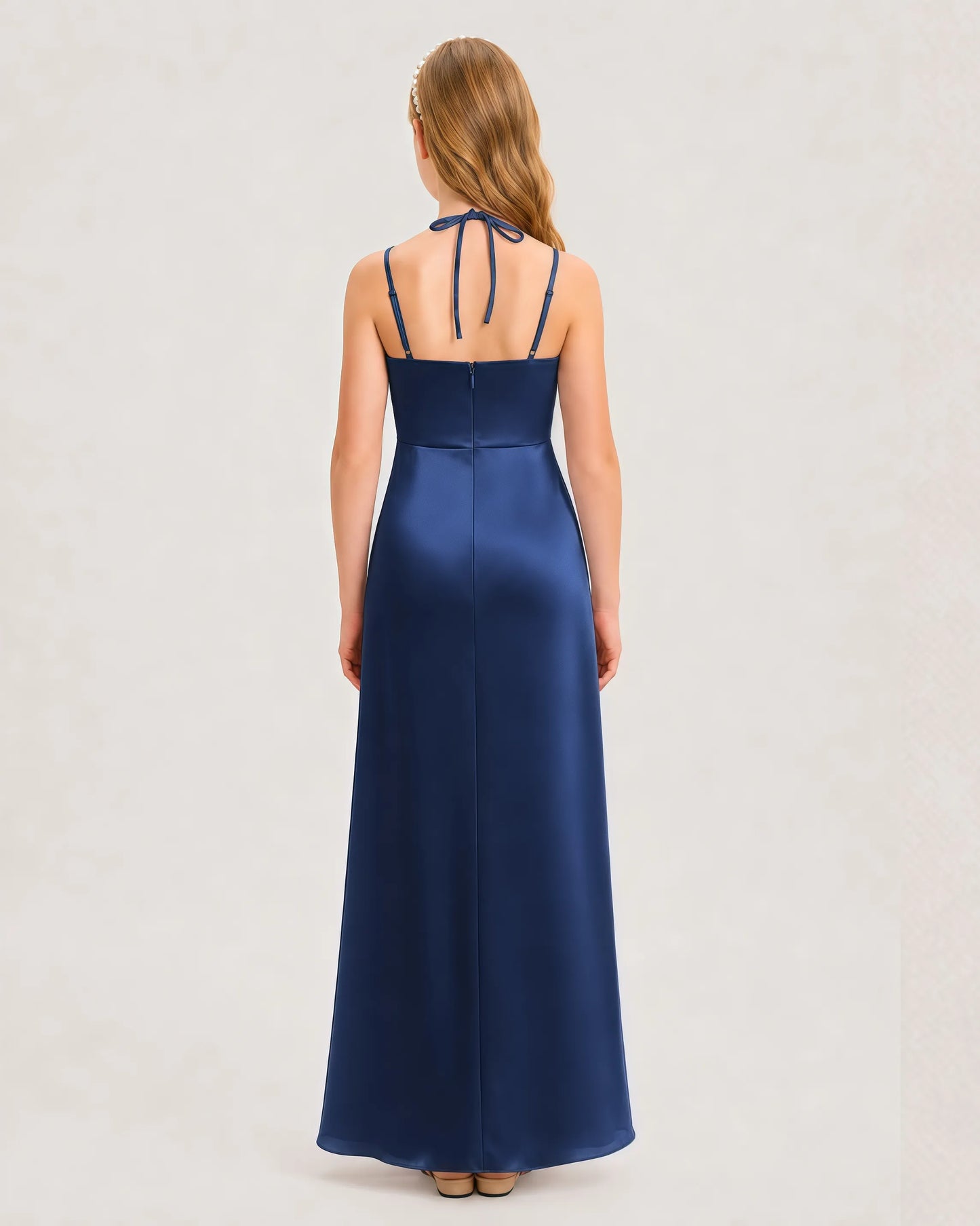 Dideyttawl Halter Neck Ruched Satin Junior Bridesmaid Dress