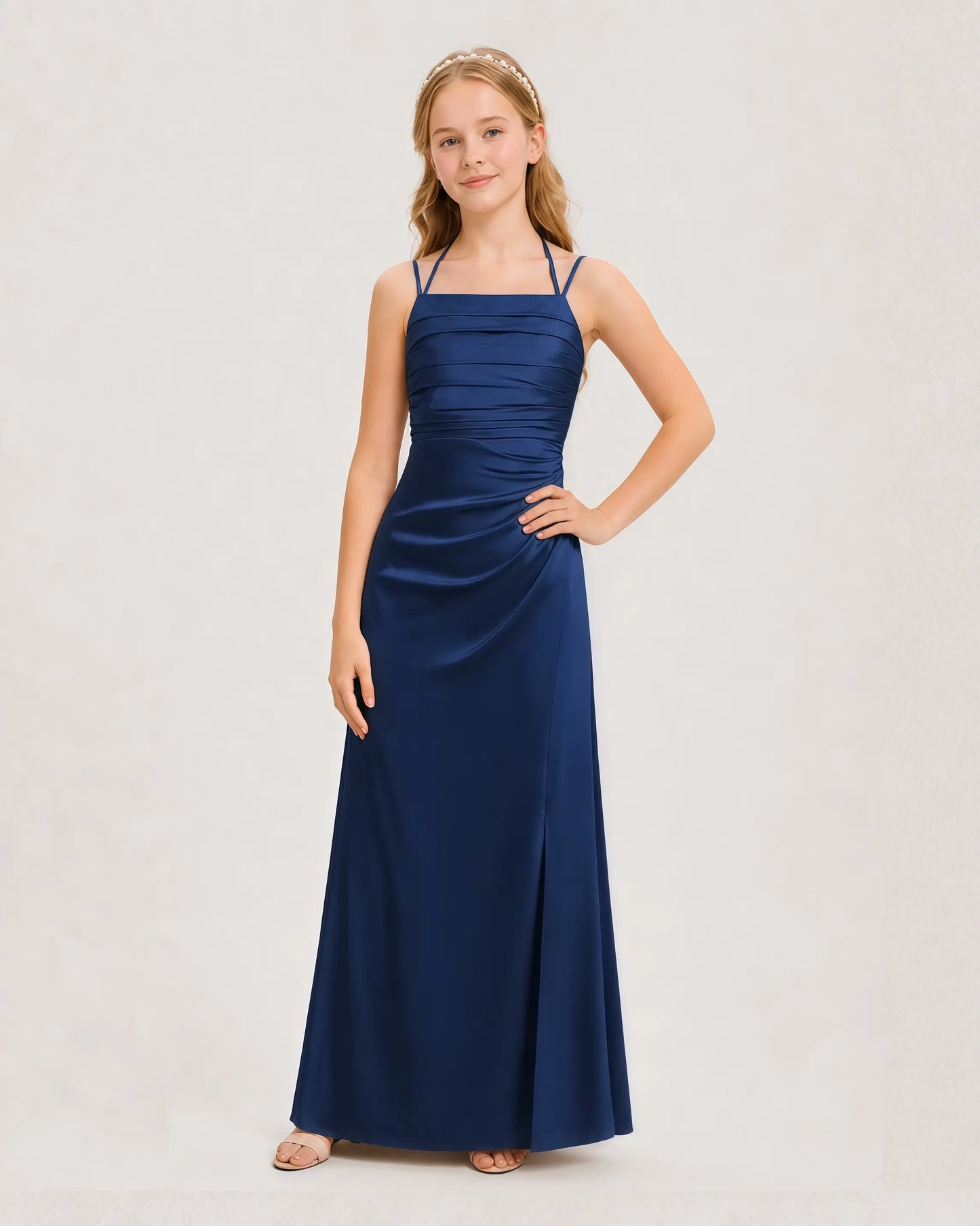 Dideyttawl Ruched Satin Halter Neck Junior Bridesmaid Dress with Side Slit