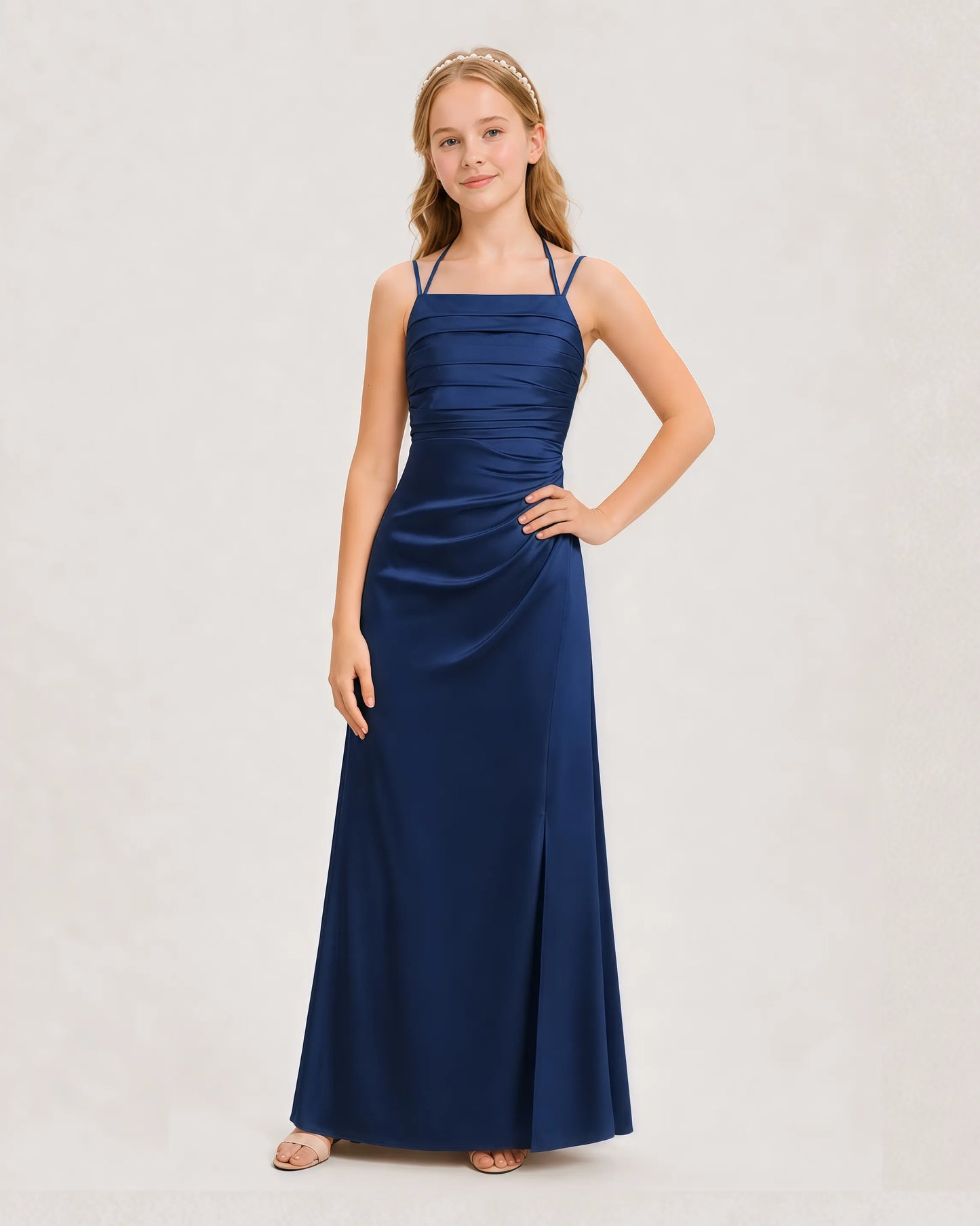 Dideyttawl Halter Neck Ruched Satin Junior Bridesmaid Dress