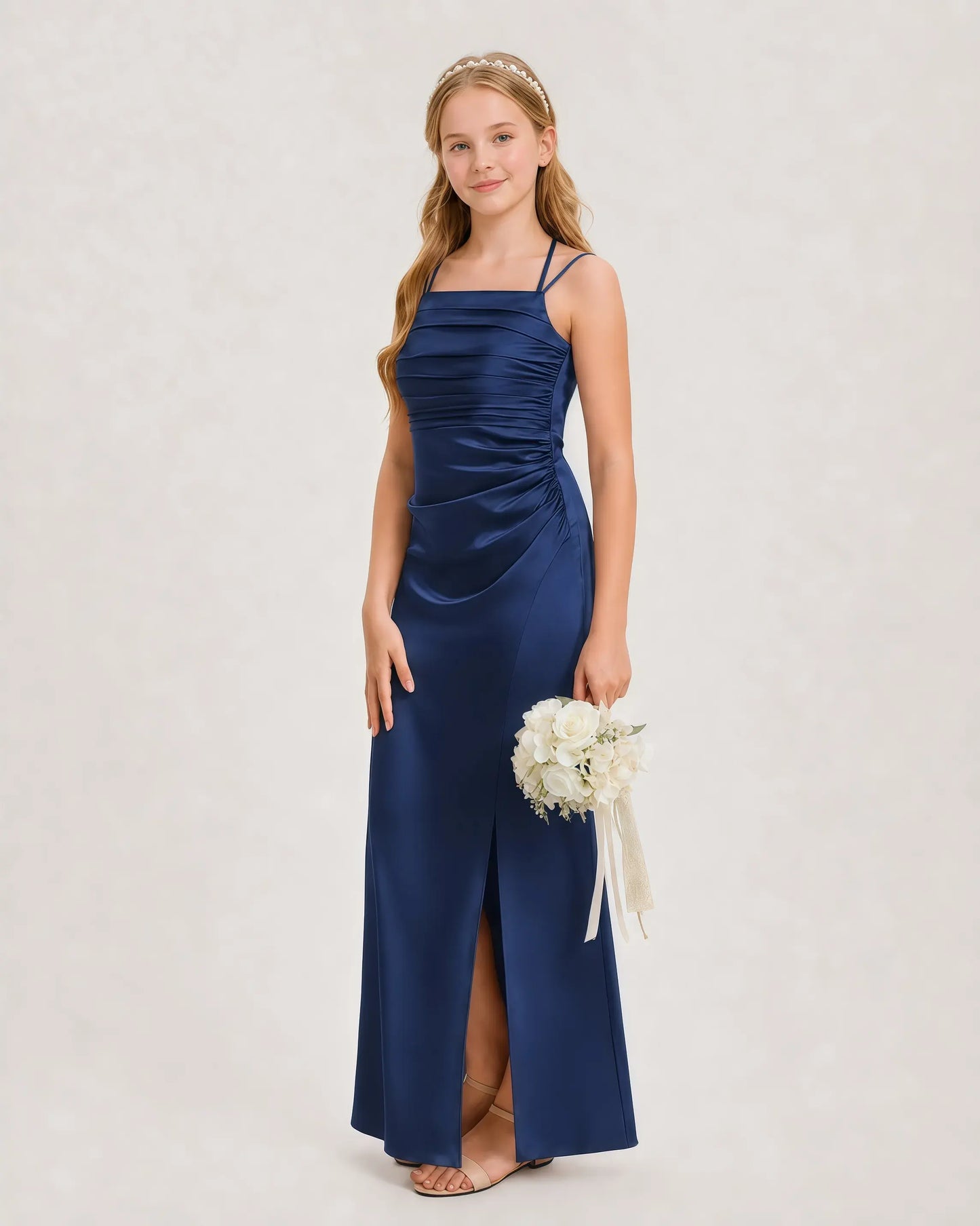 Dideyttawl Ruched Satin Halter Neck Junior Bridesmaid Dress with Side Slit