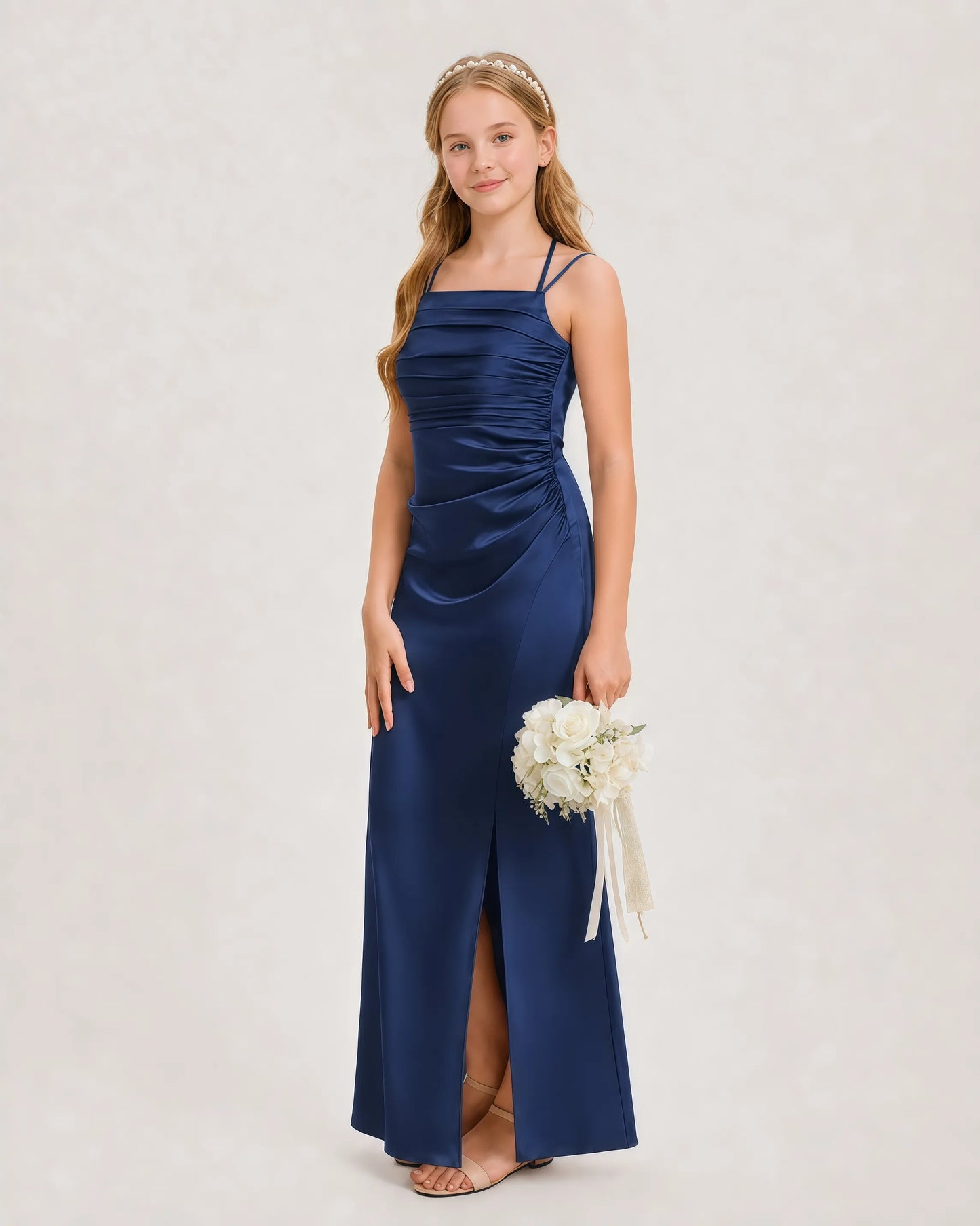 Dideyttawl Halter Neck Ruched Satin Junior Bridesmaid Dress