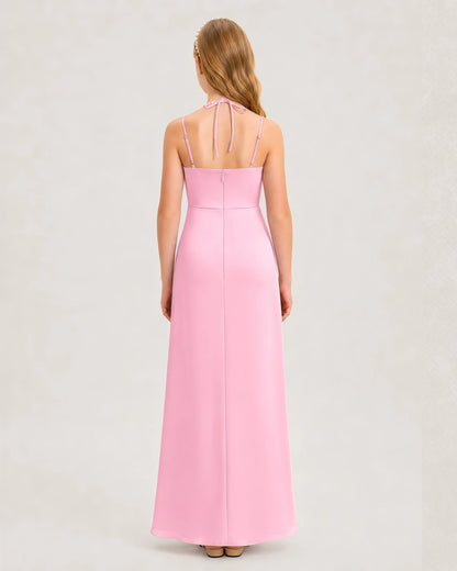 Dideyttawl Ruched Satin Halter Neck Junior Bridesmaid Dress with Side Slit
