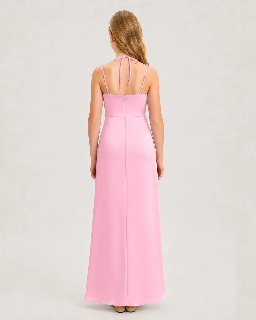 Pink Satin Halter Neckline Maxi Junior Bridesmaid Dresses Back View