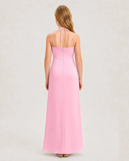 Dideyttawl Halter Neck Ruched Satin Junior Bridesmaid Dress