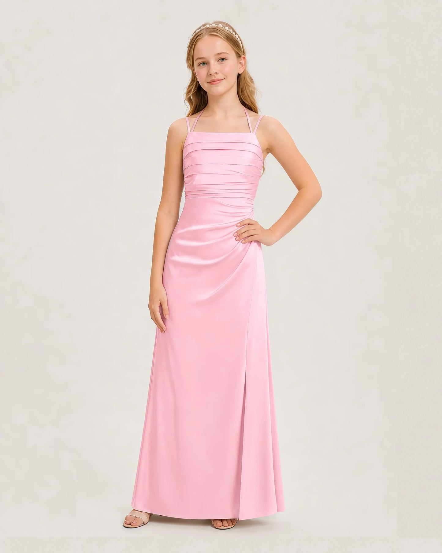 Dideyttawl Ruched Satin Halter Neck Junior Bridesmaid Dress with Side Slit